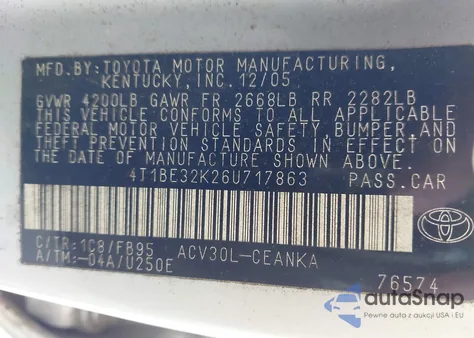 2006 Toyota Camry Le from USA, damaged, VIN 4T1BE32K26U717863